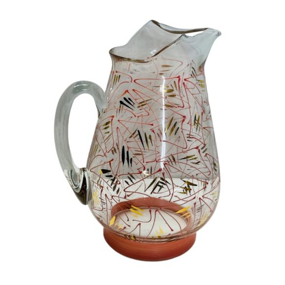 Mid-Century Modern Handpainted Glass Pitcher With Abstract Design & Red Base - Picture 2 of 8
